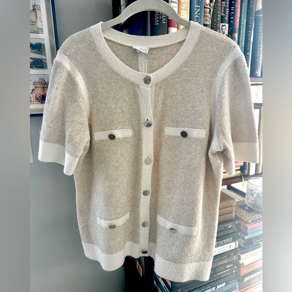 ECRU women's short sleeve sweater jacket in pale flax cream NWT